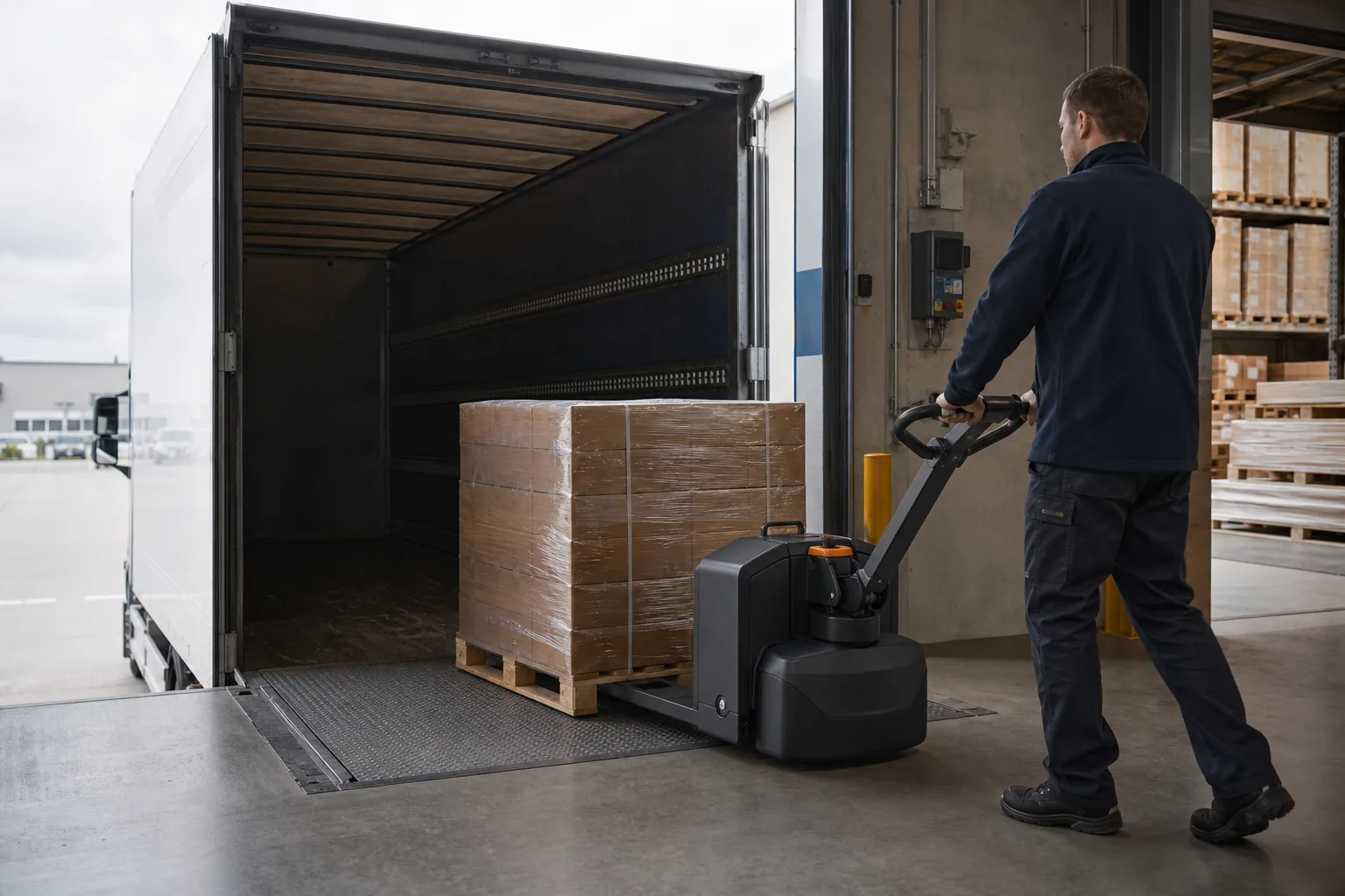 Kompakter Elektrohubwagen beim Be- und Entladen eines LKW