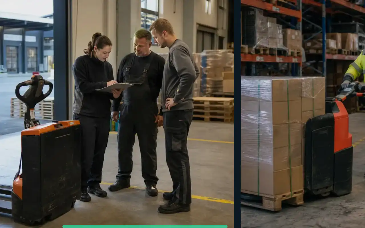 Authentische Materialübergabe und persönliche Abstimmung für die Hubwagen-Anfrage