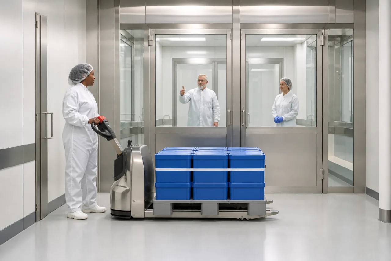 Bedienerin wartet mit einem Edelstahlhubwagen und sechs verschlossenen Transportboxen vor dem geschlossenen Pharma-Materialairlock.