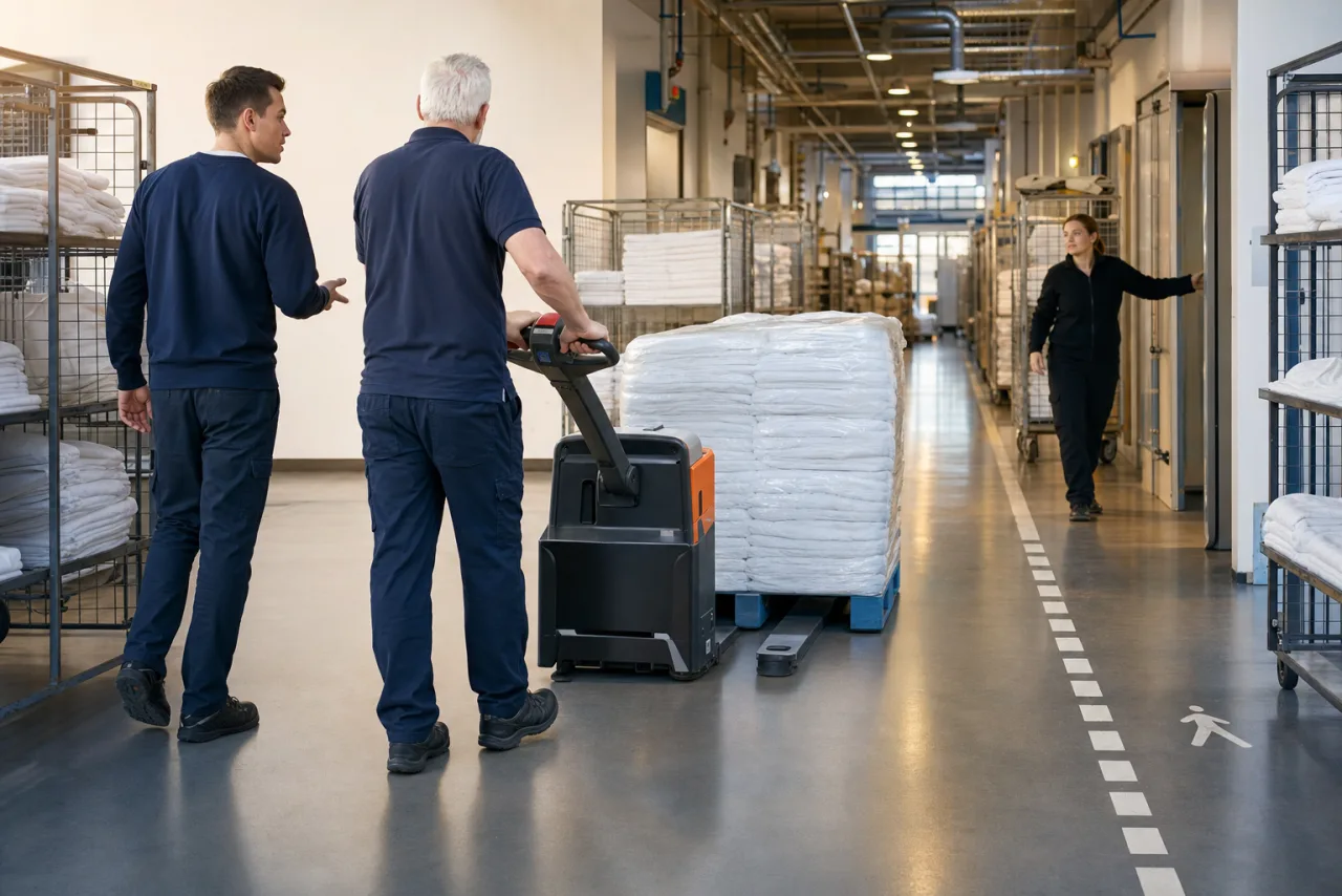 Älterer Bediener bewegt eine gesicherte Textilpalette mit einem Elektrohubwagen über den langen Versandweg einer Industriewäscherei.