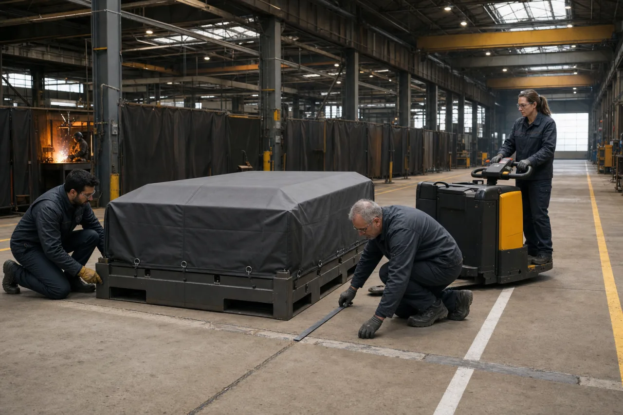Logistikteam kontrolliert eine reparierte Bodenfuge vor dem Transport einer abgedeckten schweren Stahlstillage mit einem Elektrohubwagen.