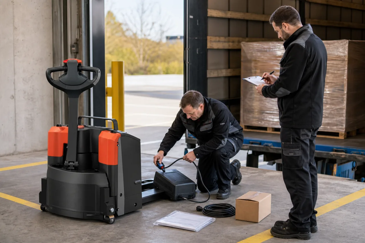 Wareneingangsmitarbeiter prüfen Elektrohubwagen, Ladegerät, Kabel, Zubehörbox und Dokumentenmappe als vollständigen Lieferumfang.