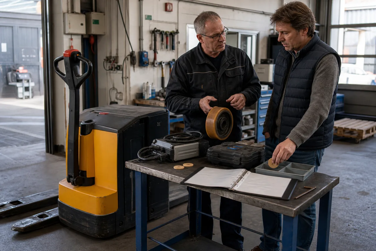 Werkstattleiter und Unternehmer ordnen neben dem Elektrohubwagen Ersatzrad, Ladegerät und Serviceausstattung als mögliche Folgekosten ein.