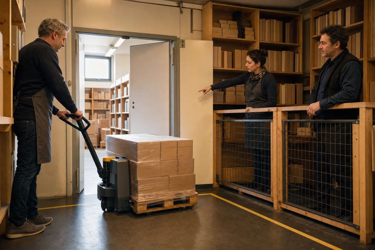 Buchhändler bewegt eine umhüllte Halbpalette mit schweren Buchkartons durch eine freie Servicetür in den markierten Lagerplatz.