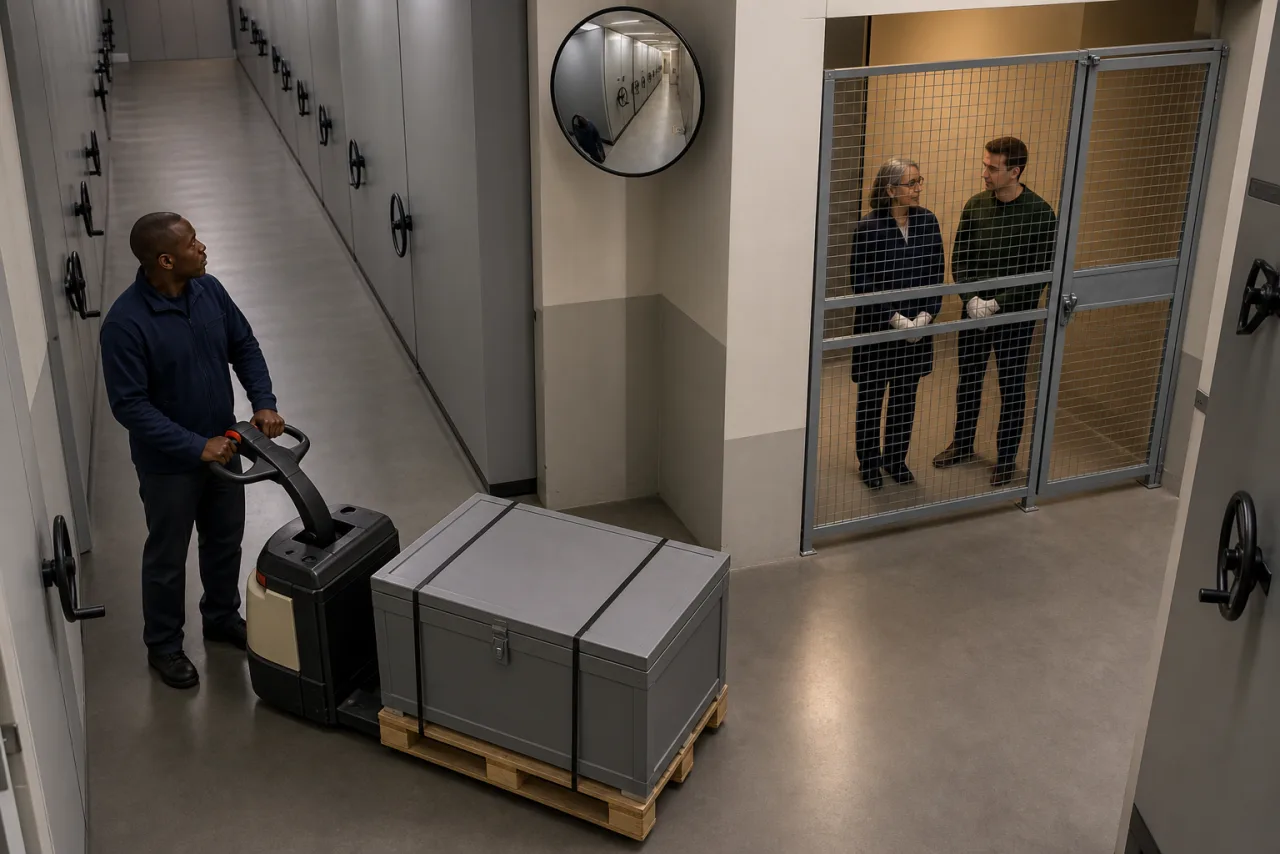 Bediener hält mit einer niedrigen geschlossenen Archivbox vor einer unübersichtlichen Lagerkreuzung und kontrolliert den Konvexspiegel.