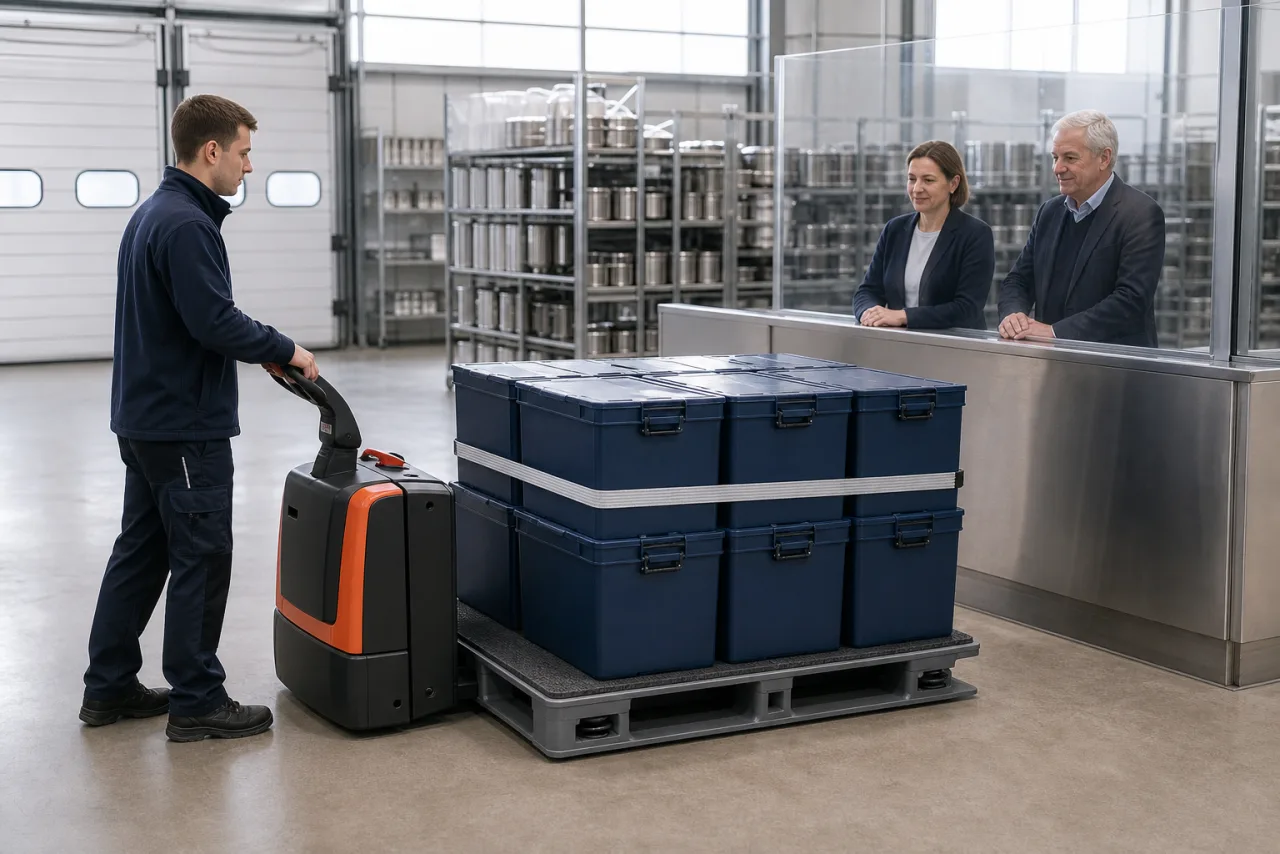 Sechs verriegelte Mehrwegboxen stehen auf einer gedämpften und gegurteten Palette im Gastronomie-Großhandel.
