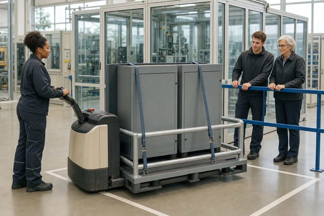 Bedienerin transportiert zwei geschlossene Schaltschränke in einem niedrigen Schutzrahmen auf sichtbaren Elastomer-Dämpfern.