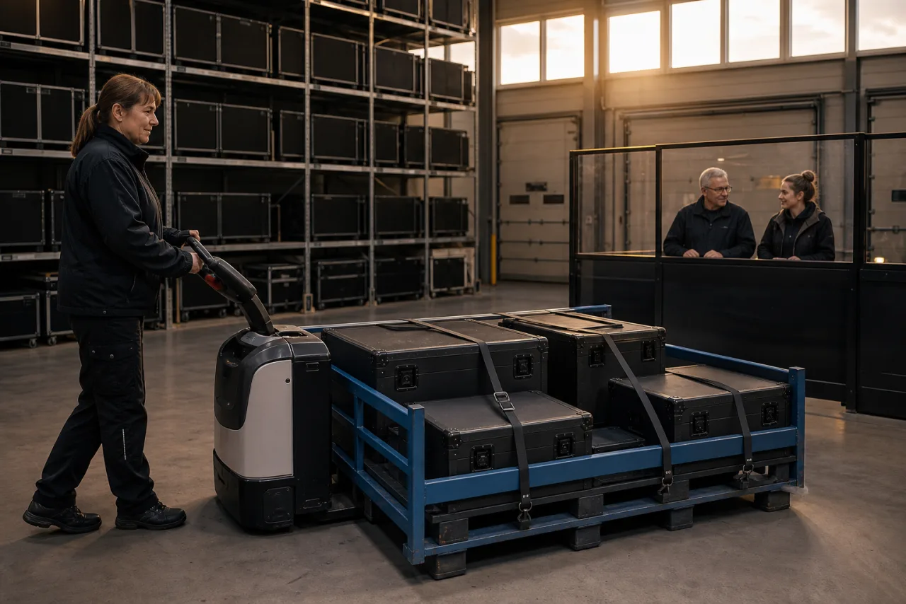 Logistikmitarbeiterin transportiert geschlossene, einzeln eingepasste und gegurtete Transportkoffer als konsolidierten Kommissionierauftrag.