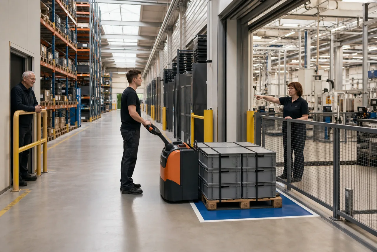 Lagerbediener stoppt mit gesicherten Bauteilboxen am blauen Übergabefeld vor einer geschützten Produktionszone.