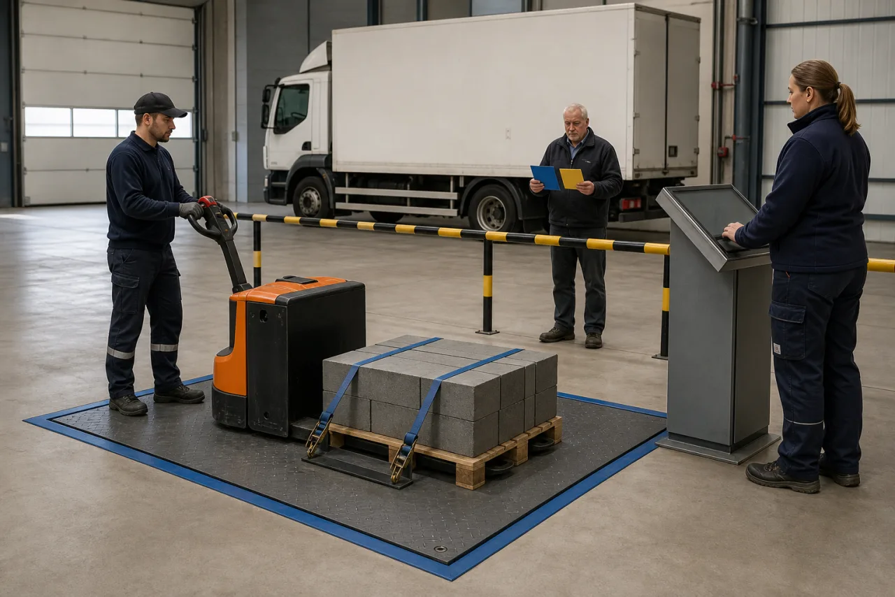 Flottenteam ermittelt auf einer bodenebenen Plattformwaage das gemeinsame Gewicht von Elektrohubwagen und gesicherter Testpalette.