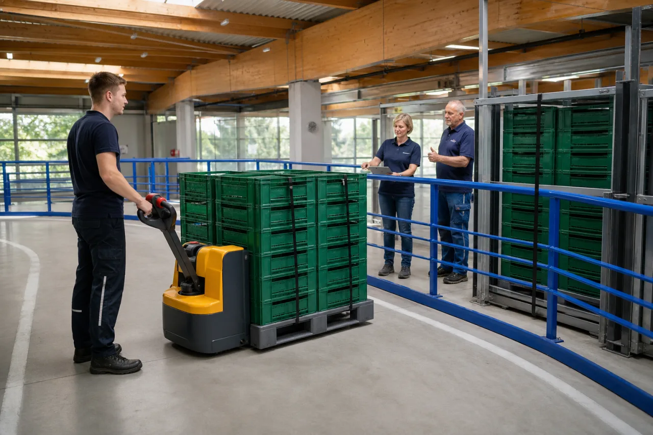 Logistikmitarbeiter bringt einen verzurrten Stapel leerer grüner Mehrwegbehälter zu einem geschützten Vergleichs- und Rücklaufplatz.