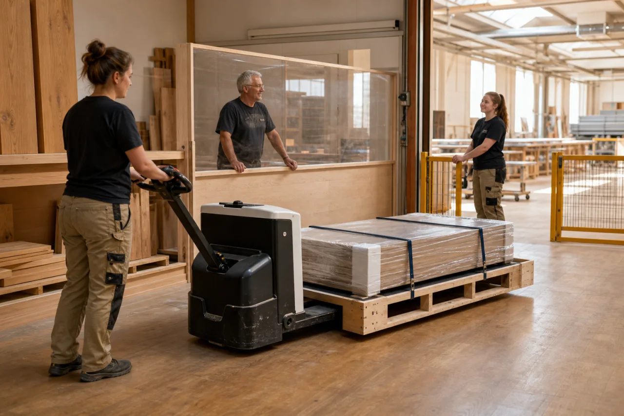 Werkstattlogistikerin transportiert vollständig geschützte Eichenfronten auf einer verstärkten Langpalette von der Oberfläche zur Montage.