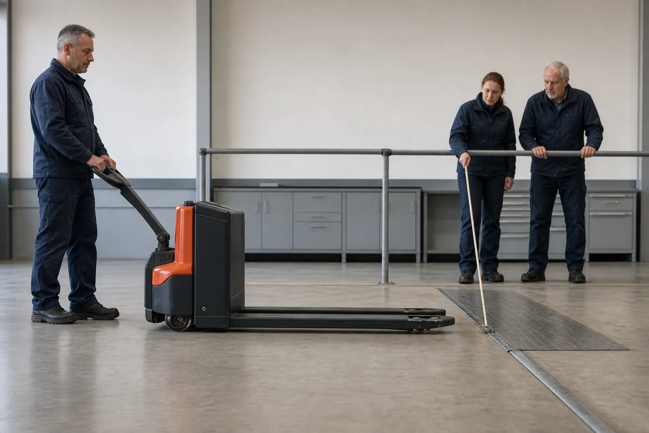 Speditionsteam prüft am unbeladenen Elektrohubwagen den Rollenpfad vor einem flachen bodenebenen Übergangsmockup.