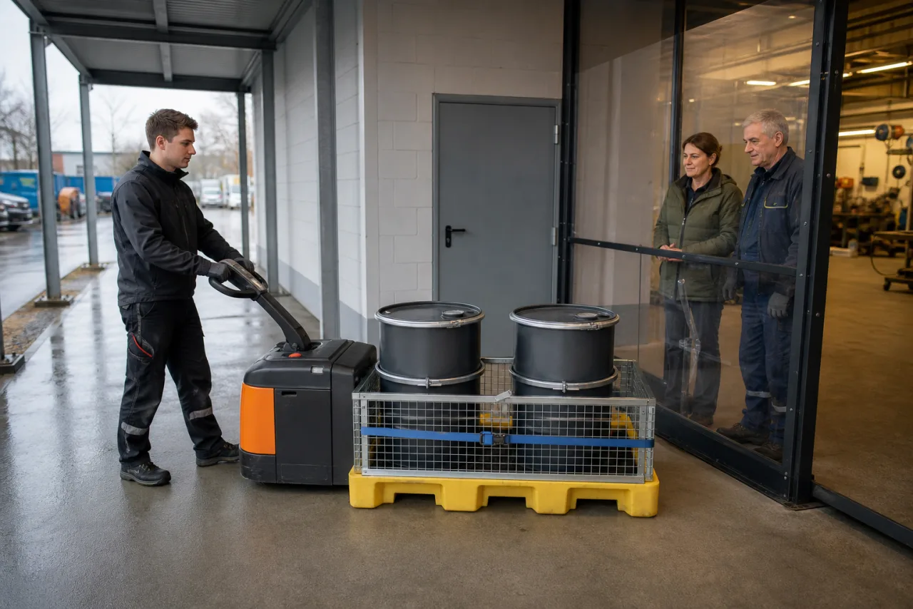 Werkstattmitarbeiter bewegt zwei vollständig geschlossene Behälter in einer gegurteten Auffangpalette zur geschützten Umweltübergabe.