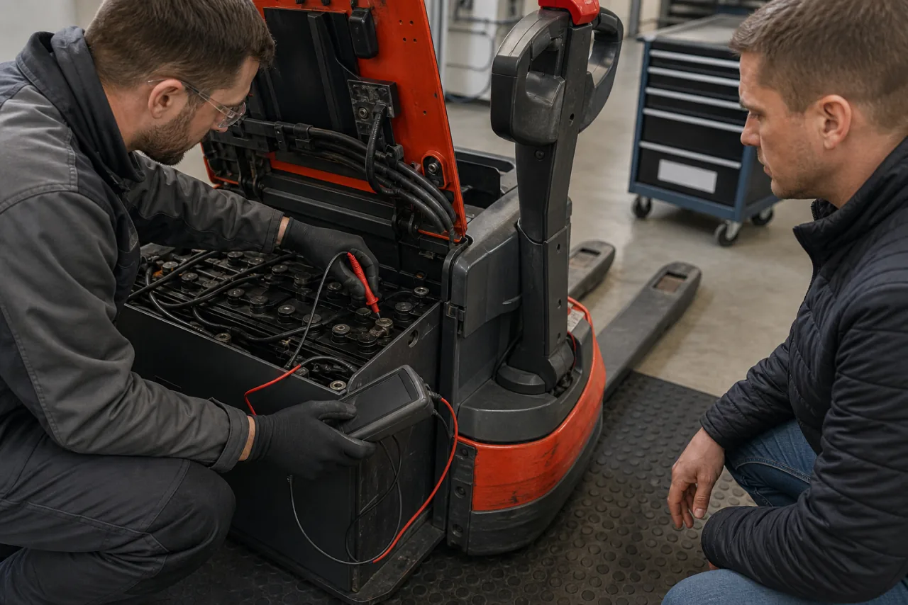 Qualifizierter Servicetechniker misst mit isolierten Prüfspitzen den Batteriezustand eines gebrauchten Elektrohubwagens, während der Käufer zusieht.