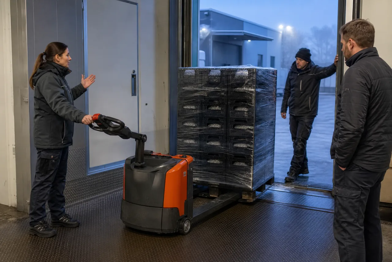 Bedienerin testet unter Beobachtung des Händlerberaters einen Elektrohubwagen mit gesicherter Last am Kühlraumübergang.