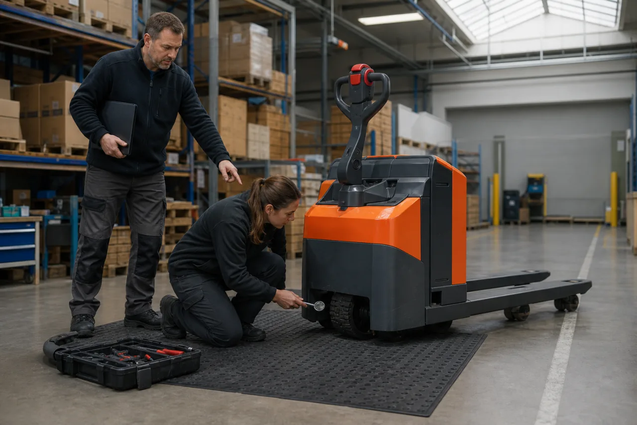 Servicetechnikerin prüft gemeinsam mit dem Bediener Antriebsrad und Zustand eines geleasten Elektrohubwagens im laufenden Betrieb.