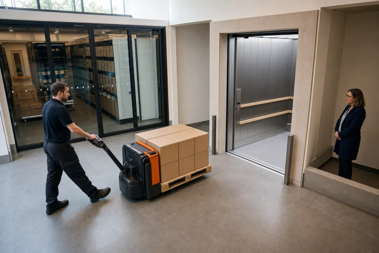Archivmitarbeiter manövriert einen Elektrohubwagen mit hochgeklappter Fahrerplattform und neutralen Kartons präzise vor einen Lastenaufzug.