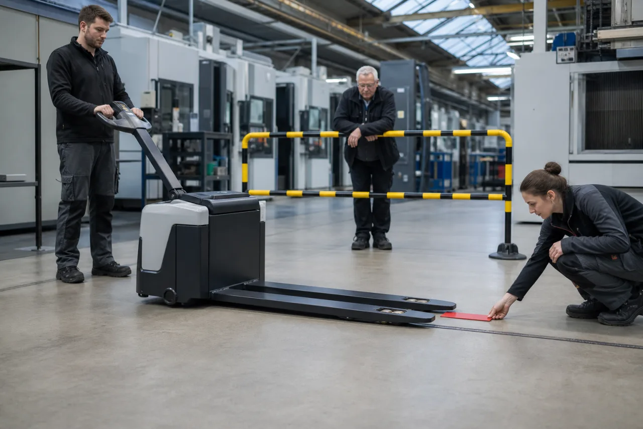 Wartungsteam vergleicht bei einem stillgesetzten Flachgabel-Hubwagen die geringe Bodenfreiheit mit einem flachen Hallenstoß.