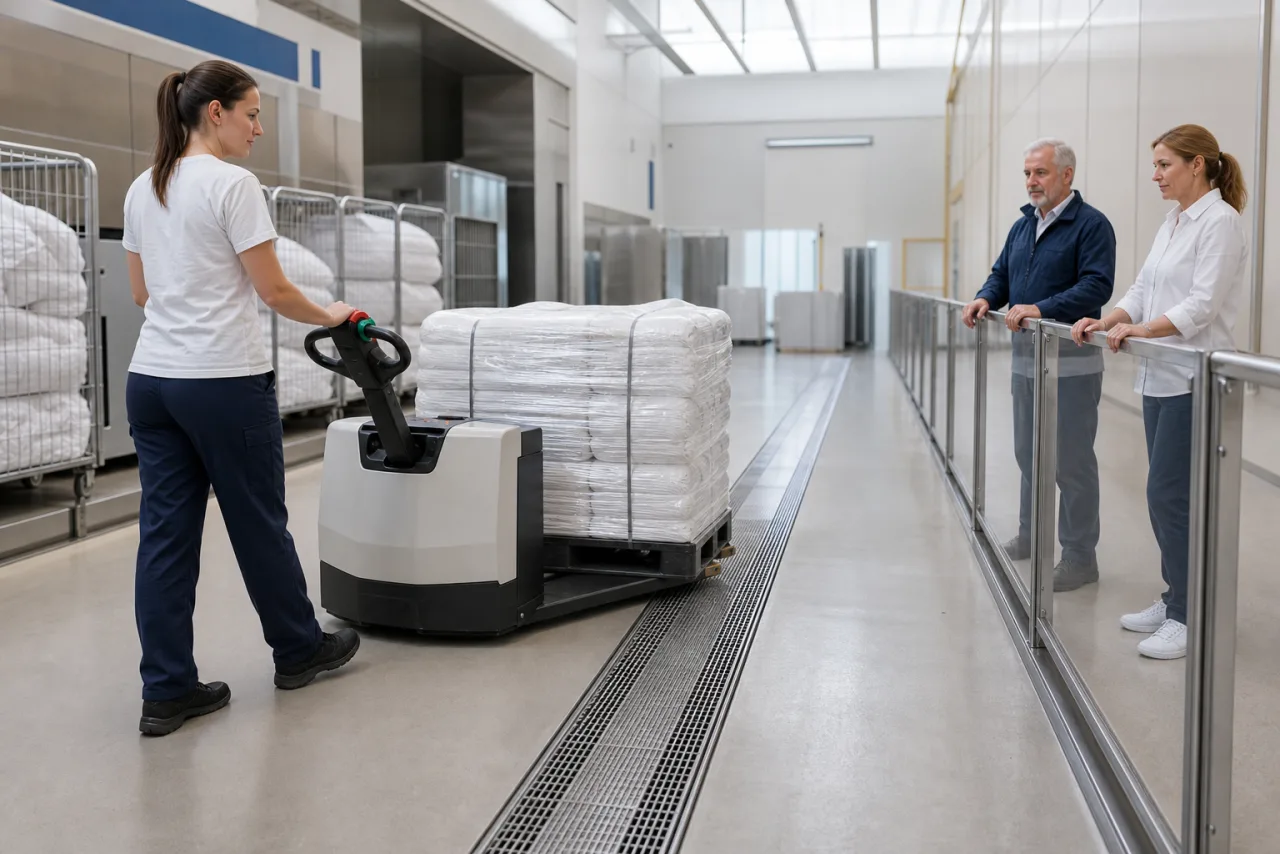 Bedienerin bewegt eine vollständig verpackte Wäschepalette mit Initialhub entlang eines trockenen Entwässerungsrosts, beobachtet hinter einer Schutzwand.