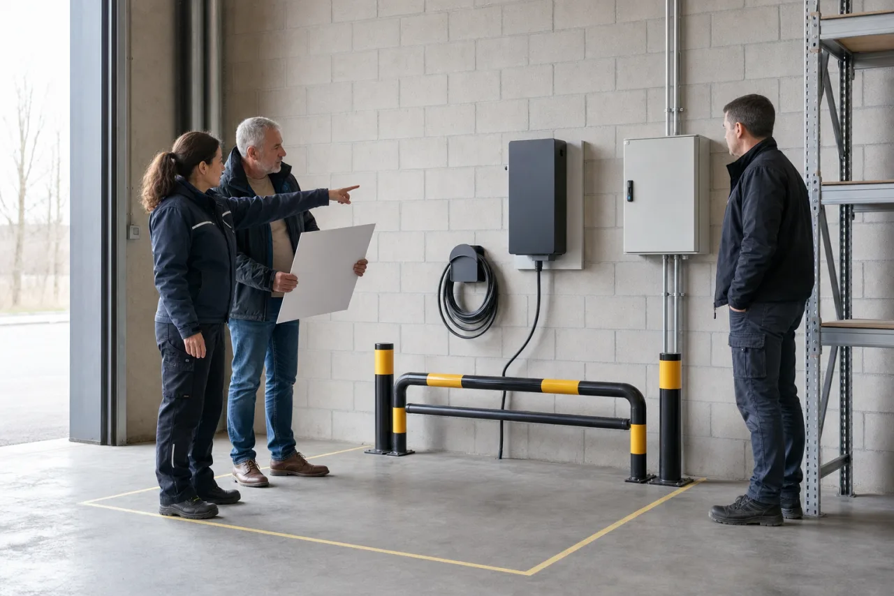 Elektrofachkraft, Lagerinhaber und Gebäudeverantwortlicher prüfen einen freien, anfahrgeschützten Ladeplatz mit geschlossenem Ladegerät.