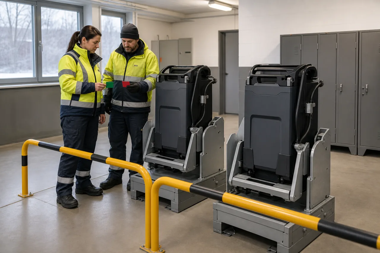 Flottenkoordinatorin und Bediener kontrollieren zwei geschlossene Reserveakkus in geschützten einzelnen Dockingstationen.