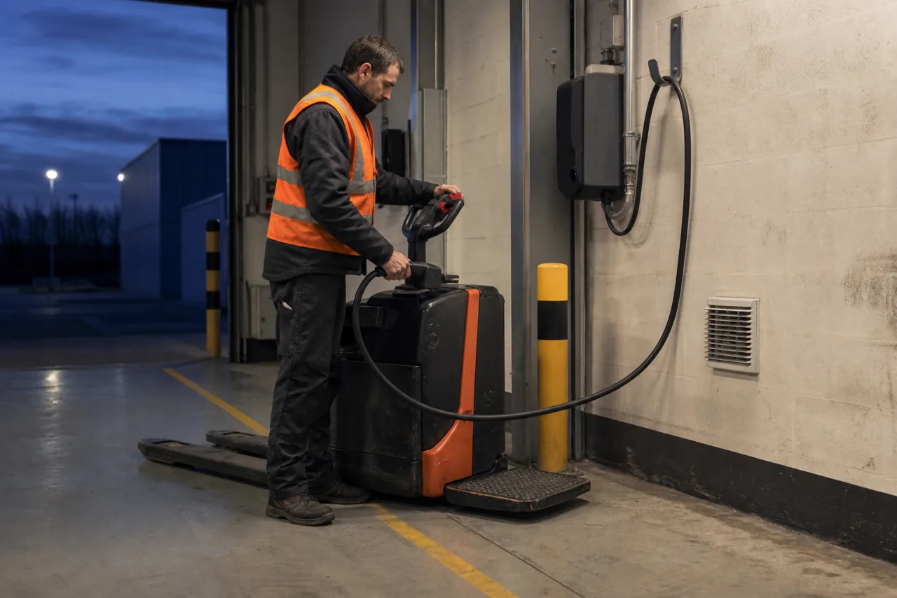 Lagermitarbeiter verbindet am Schichtende einen Elektrohubwagen sicher mit der Ladestation in einer gekennzeichneten Ladezone.