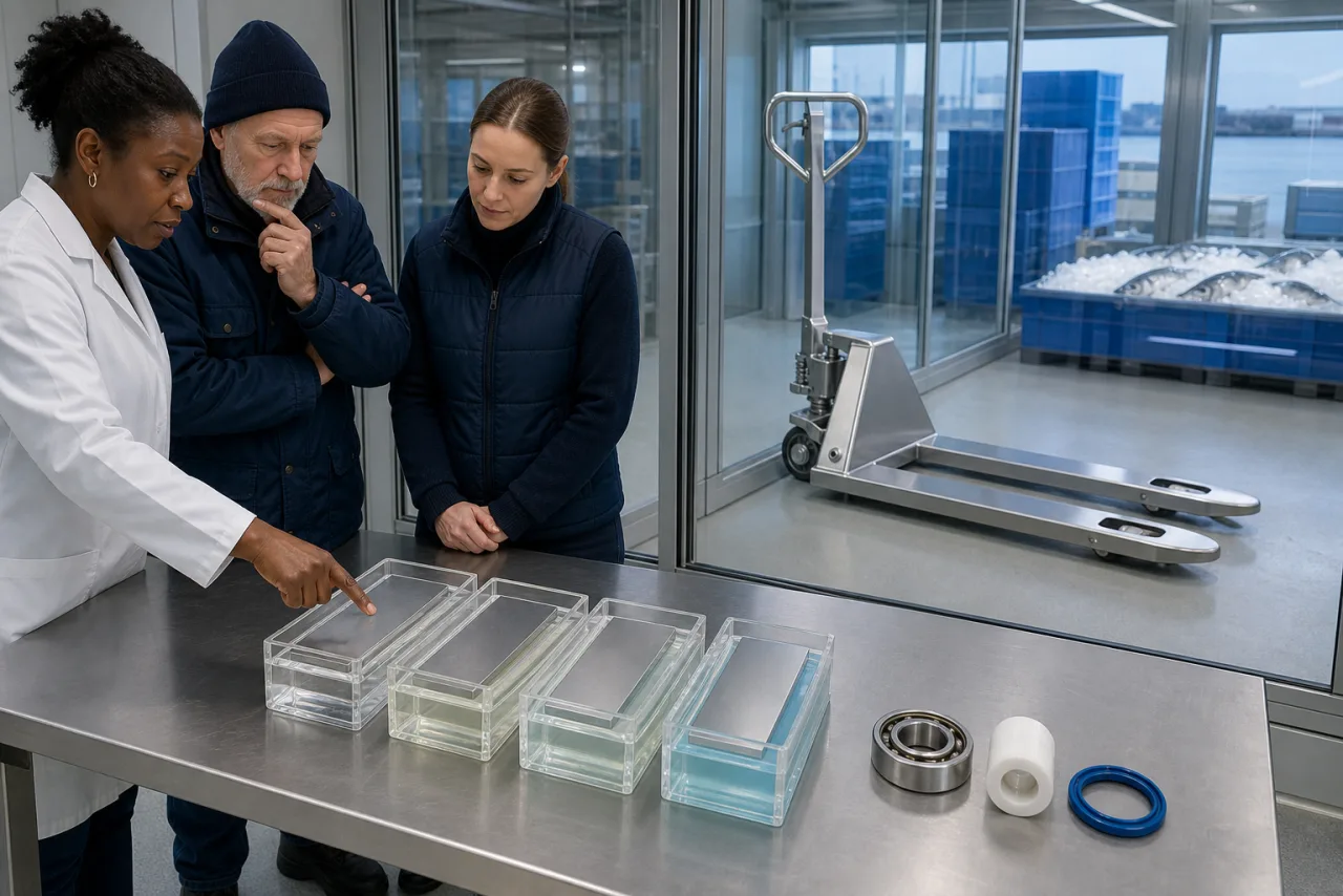 Hygieneteam vergleicht vier versiegelte Medienzellen mit Metallproben sowie Lager-, Rollen- und Dichtungsmuster vor einem Edelstahl-Handhubwagen.