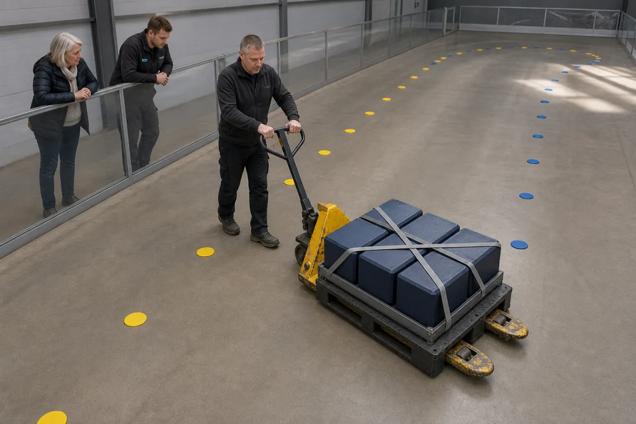 Bediener erprobt einen gebrauchten Handhubwagen mit sechs gesicherten Ballastkörpern auf einem ebenen geschützten Rundkurs.