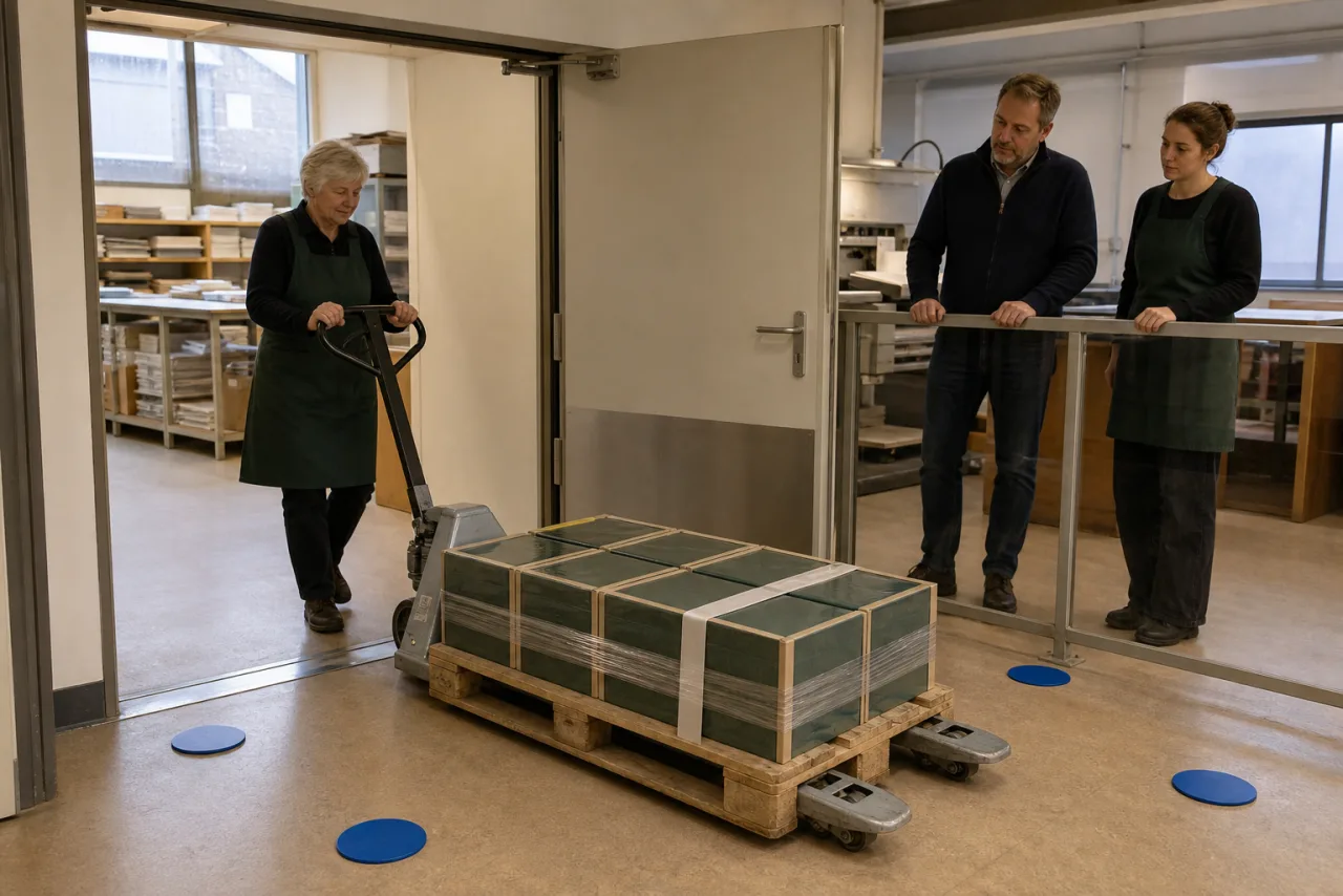 Ältere Buchbinderei-Mitarbeiterin testet ein Händler-Leihgerät mit acht gesicherten Archivboxen an einem offenen Türübergang.