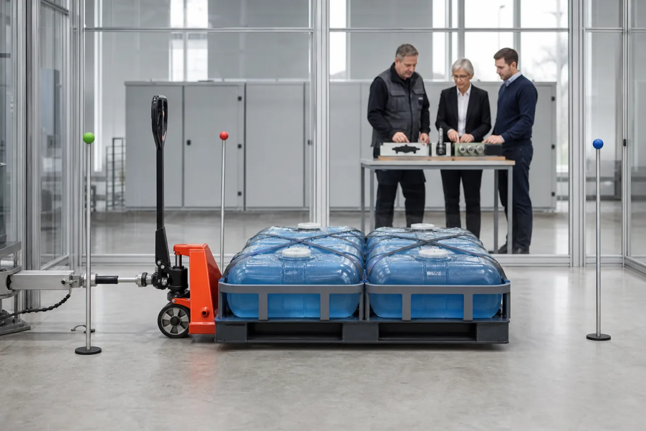 Neuer Handhubwagen hält vier gesicherte Wasserballastmodule minimal angehoben in einer abgeschirmten Endprüfzelle mit farbigen Vergleichspunkten.