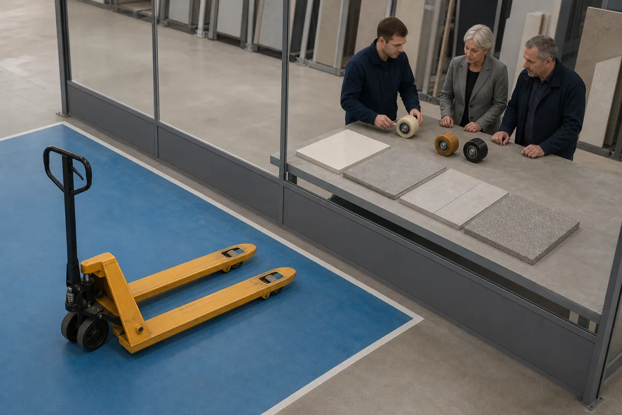 Beschaffungsteam vergleicht hinter Glas drei Rollenarten mit vier unterschiedlichen Bodenmustern; der Handhubwagen steht leer im Parkfeld.