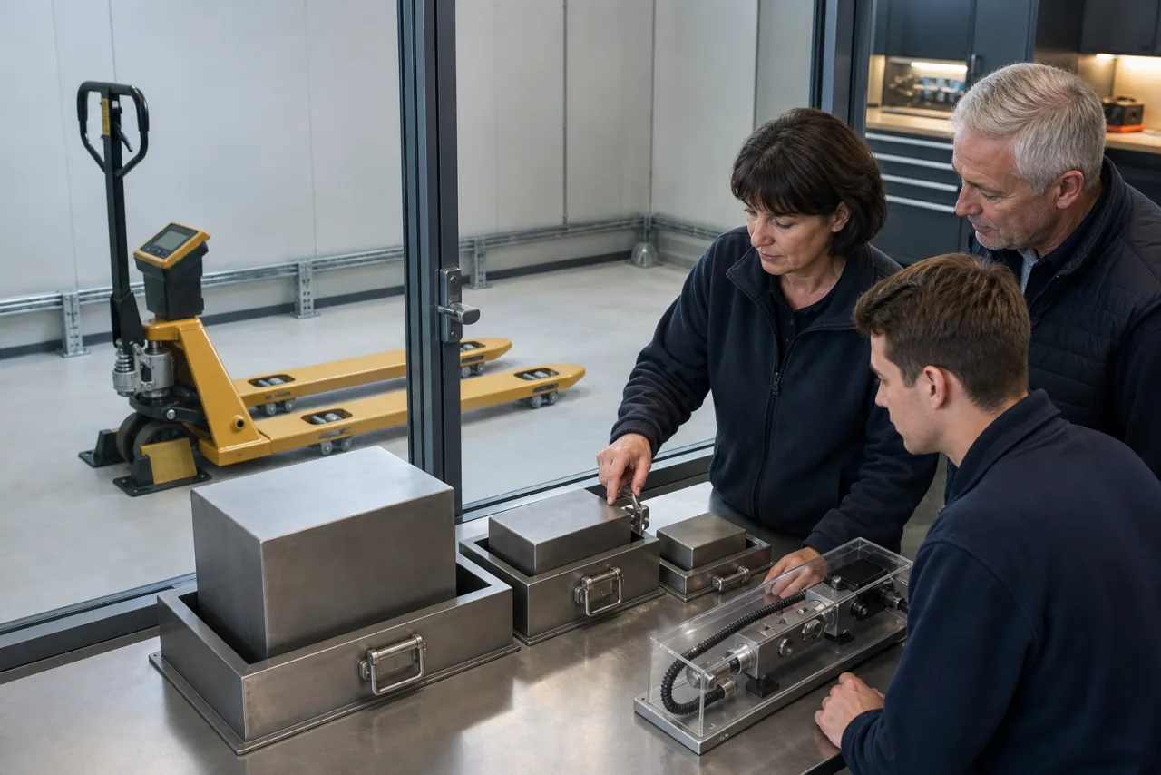 Waagentechnikerin, Lagerleiter und Auszubildender prüfen drei gesicherte Referenzkörper und ein geschütztes Lastzellenmodell vor einem leeren Wiegehubwagen im Testfeld.
