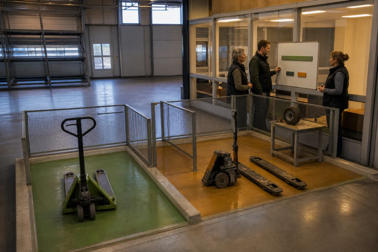 Familienbetrieb plant hinter Glas den Bedarf an Servicezeit und Reservegerät zwischen einem einsatzbereiten und einem abgesperrten Handhubwagen.