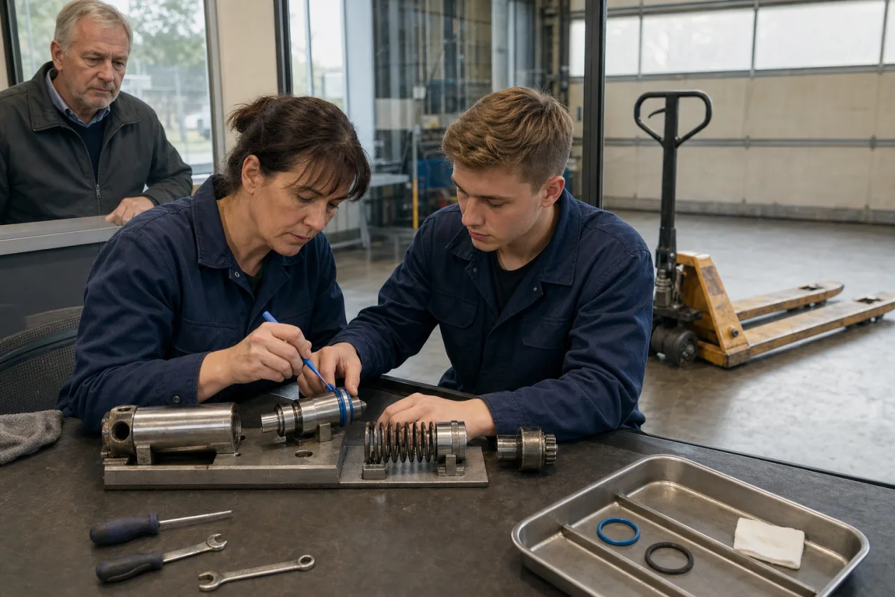 Mechanikerin setzt mit einem Kunststoffwerkzeug eine blaue Dichtung in den Kolben eines zerlegten, drucklosen Pumpenmoduls ein; Lehrling unterstützt.