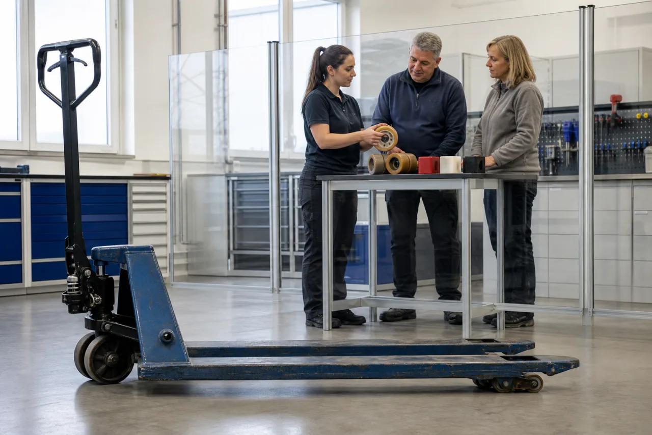 Servicetechnikerin erklärt hinter einer Schutzscheibe verschiedene Lenk- und Lastrollen eines abgesenkten leeren Handhubwagens.