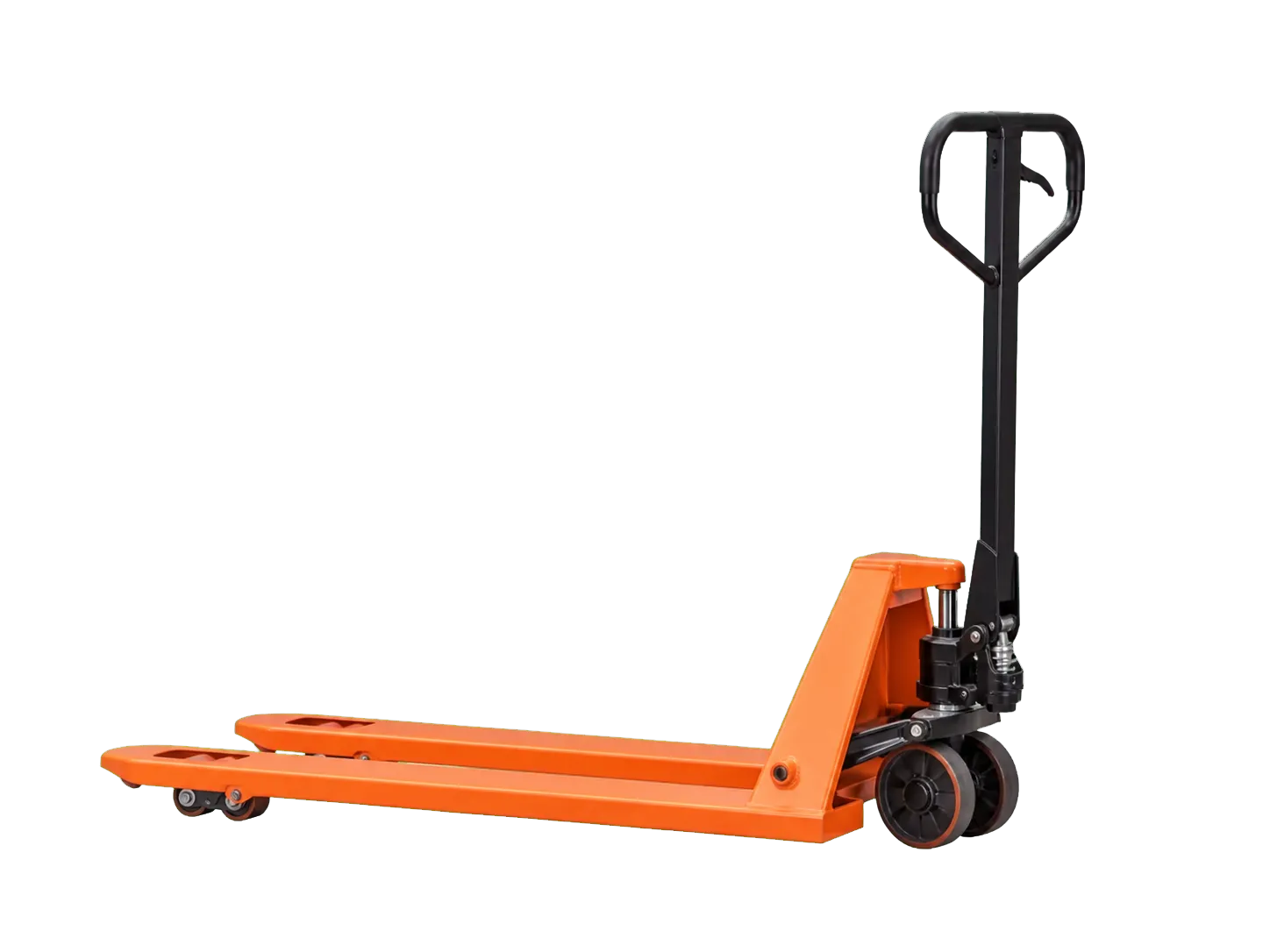 Freigestellter orange-schwarzer Handhubwagen für kurze innerbetriebliche Standardwege