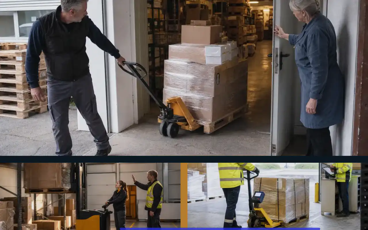 Breitspurhubwagen mit 2.000 kg: Traglast passend auslegen: redaktionelle Bildkomposition zur Arbeitssituation