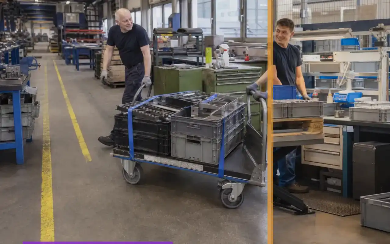 Breitspurhubwagen mit 2.500 kg für die Industrie: redaktionelle Bildkomposition zur Arbeitssituation