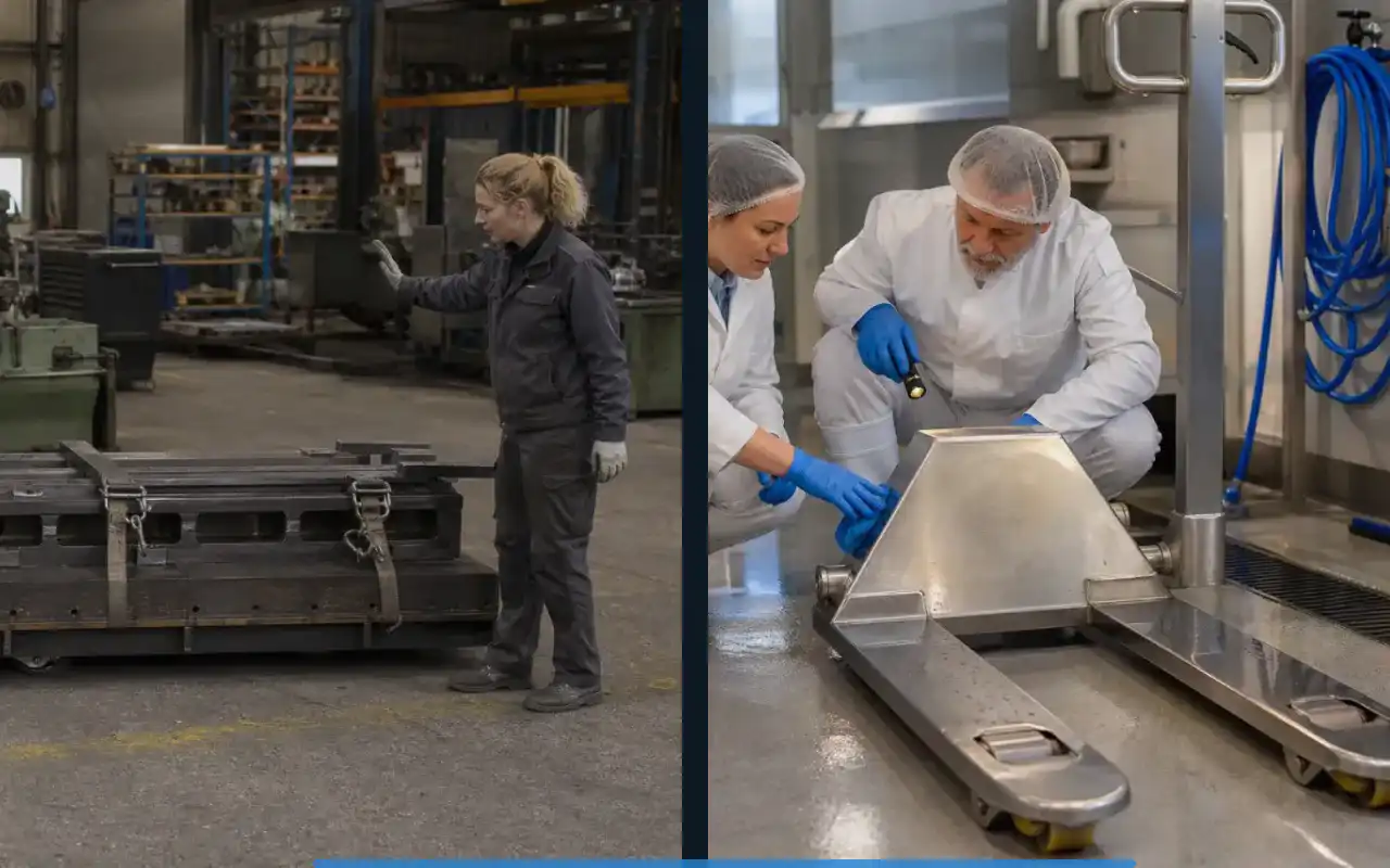 Edelstahlhubwagen mit 2.000 kg für feuchte Bereiche: redaktionelle Bildkomposition zur Arbeitssituation