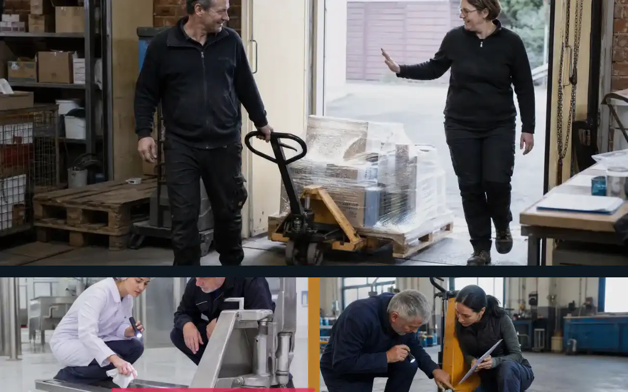 Edelstahlhubwagen mit 2.500 kg für Hygienebereiche: redaktionelle Bildkomposition zur Arbeitssituation