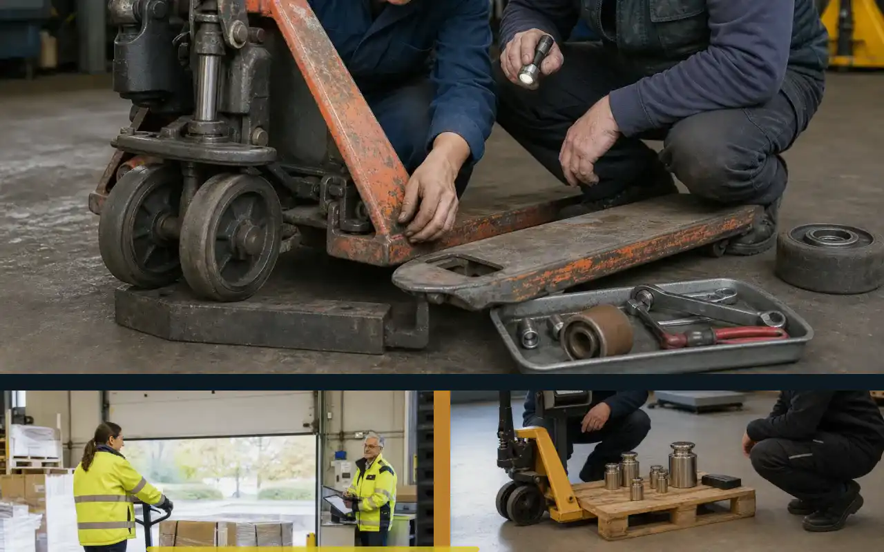 Edelstahlhubwagen elektrisch für Hygienebereiche: redaktionelle Bildkomposition zur Arbeitssituation