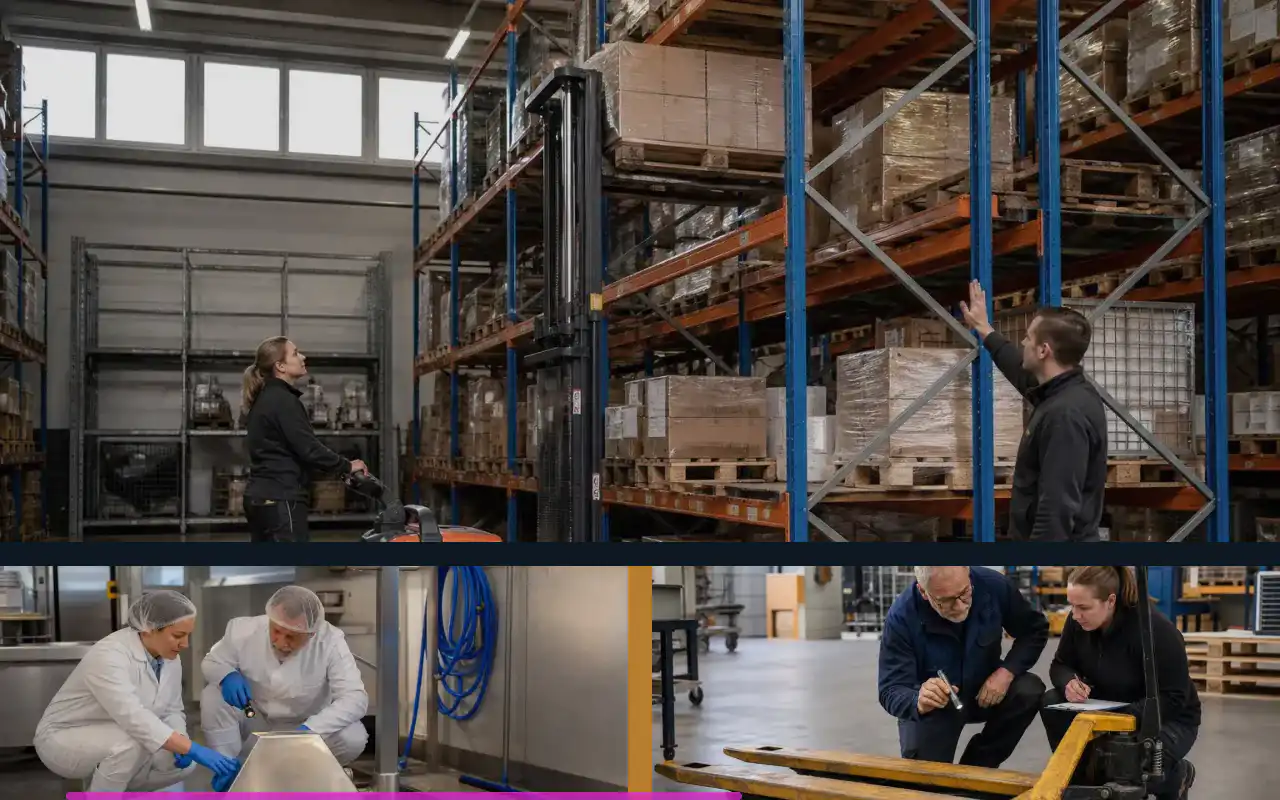 Edelstahlhubwagen gebraucht kaufen: Zustand richtig bewerten: redaktionelle Bildkomposition zur Arbeitssituation