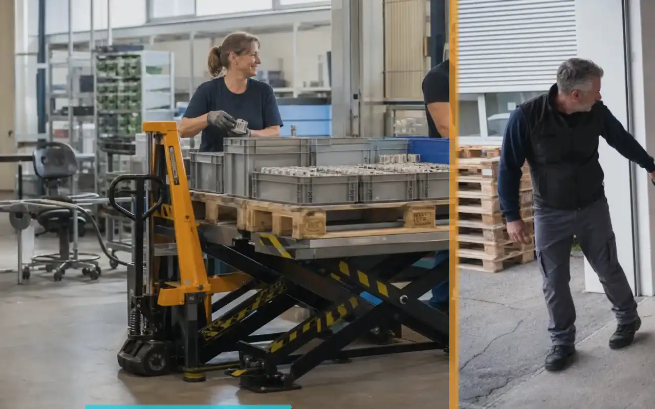 Edelstahlhubwagen mit langen Gabeln für das Kühlhaus: redaktionelle Bildkomposition zur Arbeitssituation
