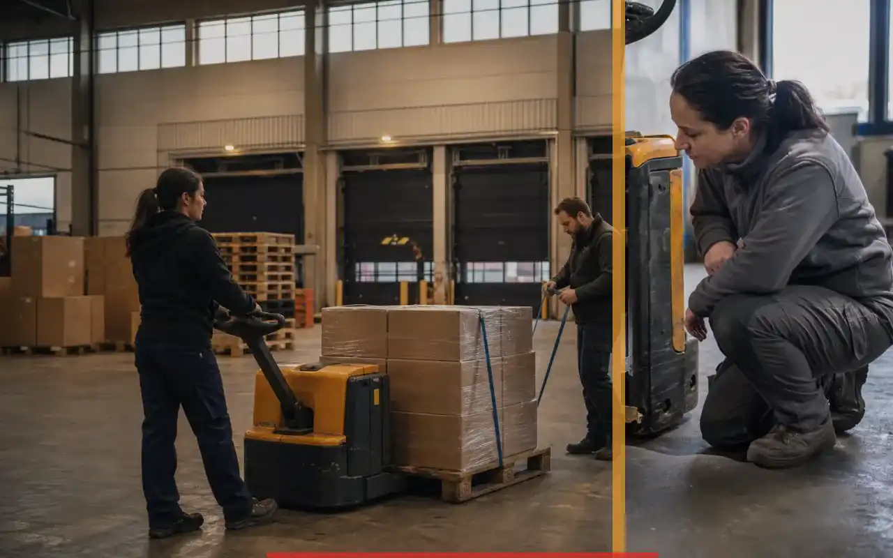 Elektro-Hochhubwagen mit 1.000 kg für die Logistik: redaktionelle Bildkomposition zur Arbeitssituation