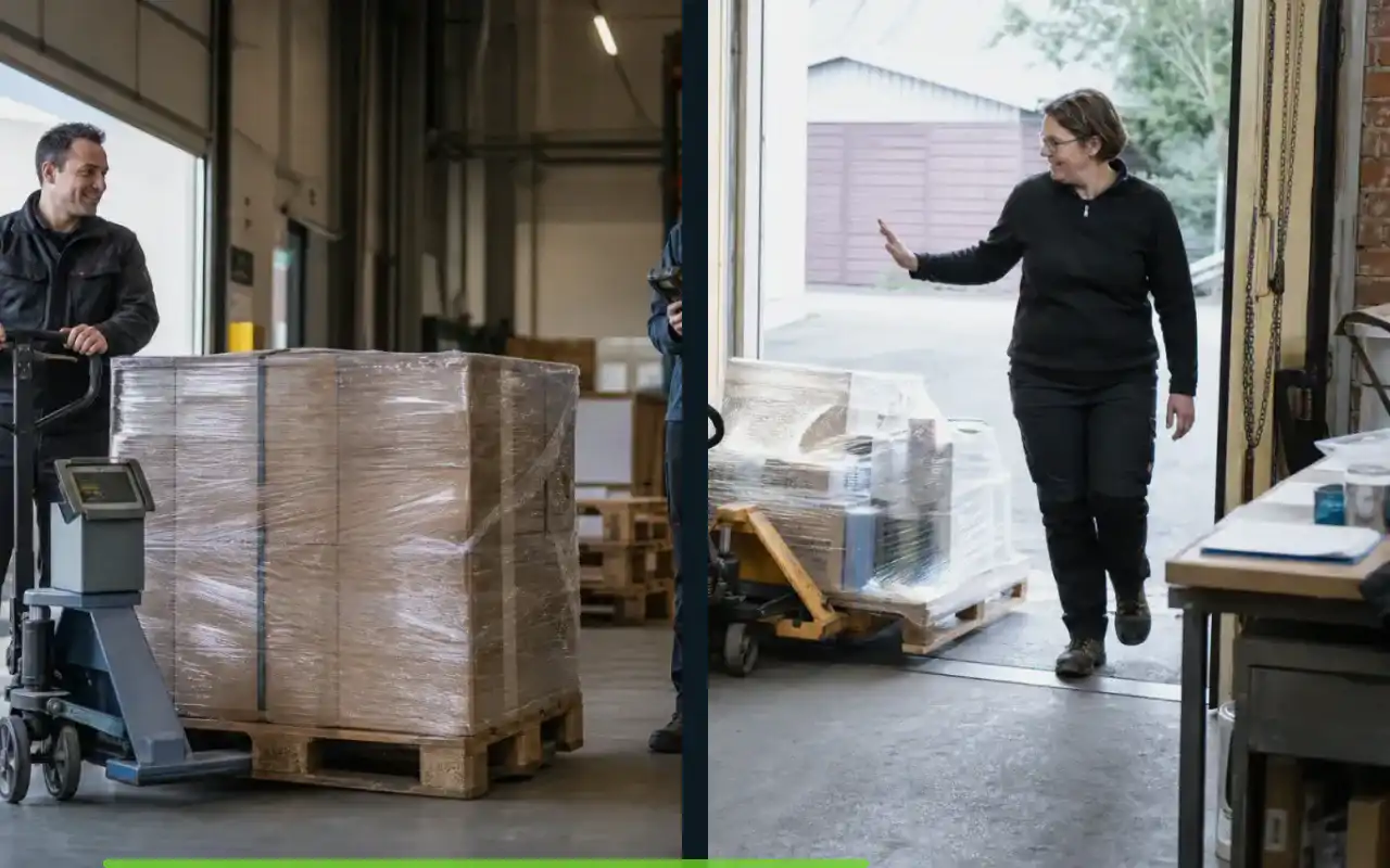Elektro-Hochhubwagen mit 1.000 kg für Rampen: redaktionelle Bildkomposition zur Arbeitssituation