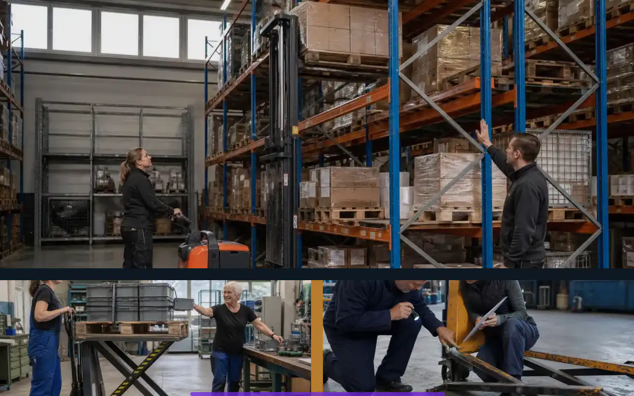 Elektro-Hochhubwagen mit 1.200 kg für die Produktion: redaktionelle Bildkomposition zur Arbeitssituation