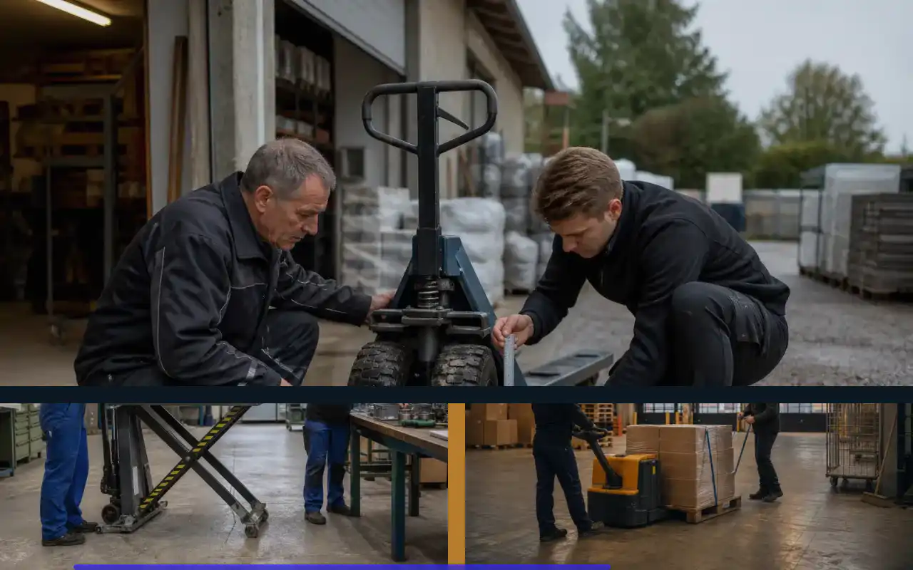Elektro-Hochhubwagen mit 1.600 kg für die Logistik: redaktionelle Bildkomposition zur Arbeitssituation