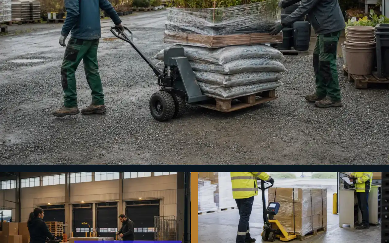 Elektro-Hochhubwagen mit 1.600 kg für die Produktion: redaktionelle Bildkomposition zur Arbeitssituation