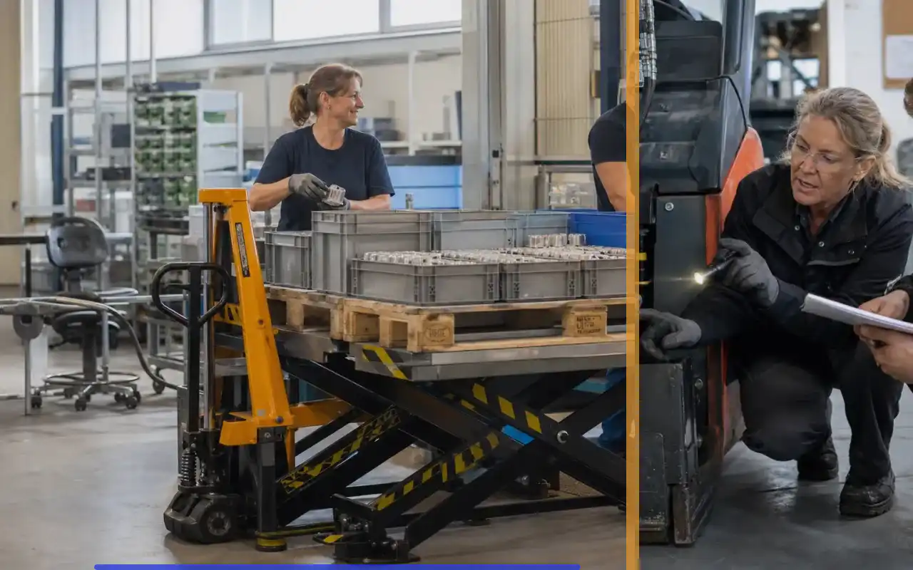 Elektro-Hochhubwagen mit 2.000 kg für enge Gänge: redaktionelle Bildkomposition zur Arbeitssituation